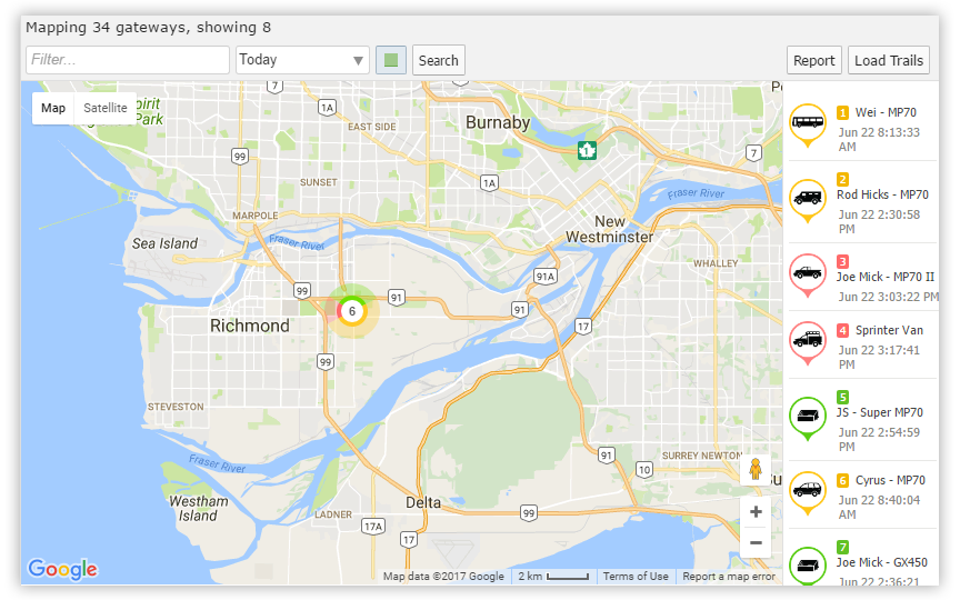 Map Tab View Showing a Cluster of Gateways