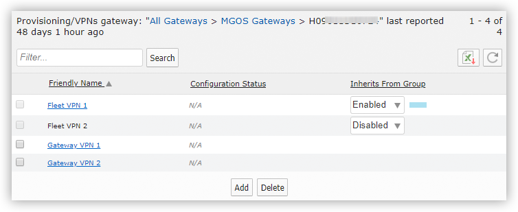 VPN Provisioning Listing Screen - Listing for a Selected Gateway